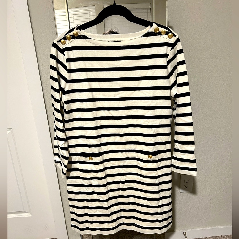 J.Crew SS24 Mariner Cloth Shirtdress with Gold Buttons.